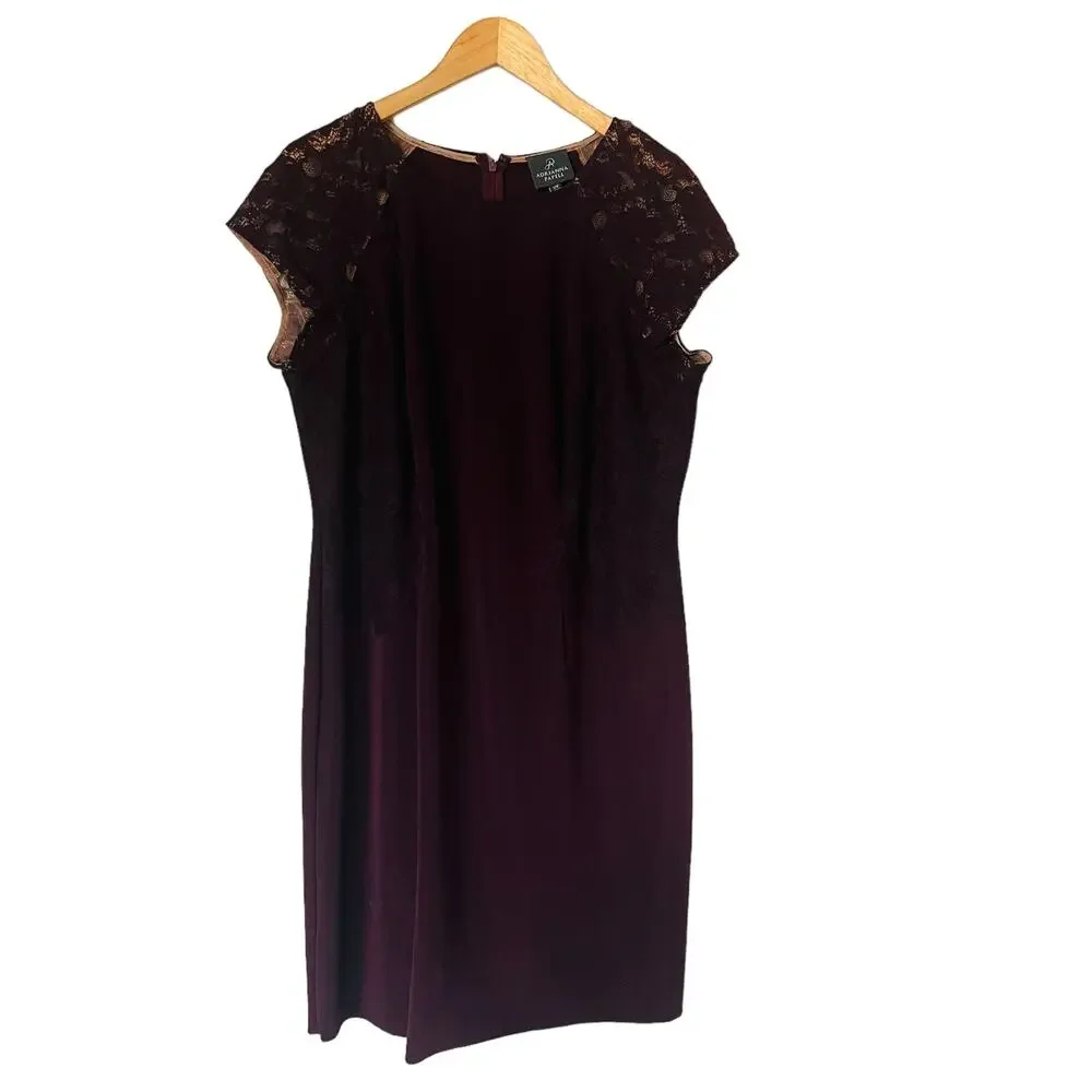 Adrianna Papell Lace Detail Cap Sleeve Sheath Dress Size 14W Burgundy - Picture 1 of 8